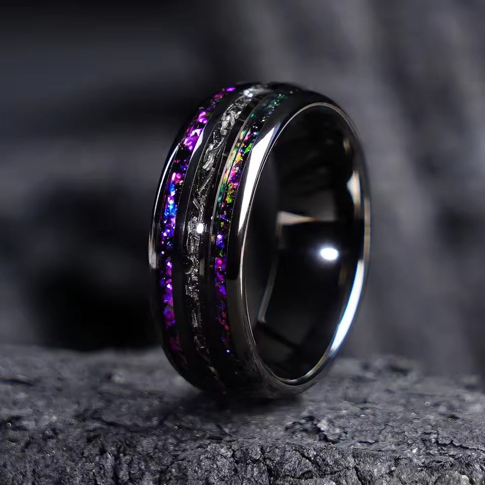 "Obsidian Orbit – Triple Groove Steel Ring"